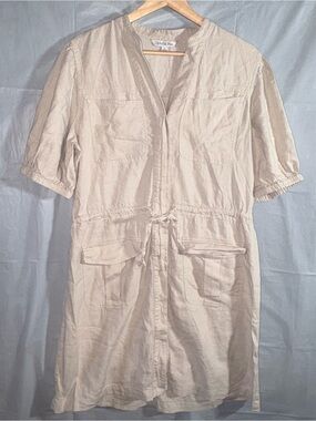 Ophelia‎ Roe Linen Blend Utility Dress Lg Beige Tie Waist Pockets Short Sleeves